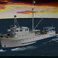 White And Blue Ship Sailing On The Sea During Sunset With Orange Red Clouds