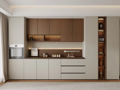 Modern Sideboard With Wooden Cabinets Drawers Marble Countertop And Warm Lighting 3d model