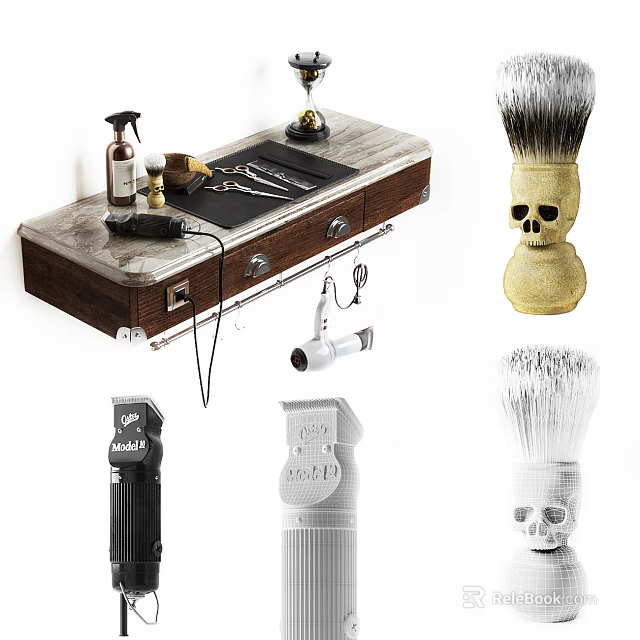 Men's Grooming Supplies Including Shaving Brushes Hair Clippers And Hair Dryer Tools 3d model 