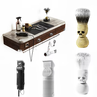 Men's Grooming Supplies Including Shaving Brushes Hair Clippers And Hair Dryer Tools 3d model