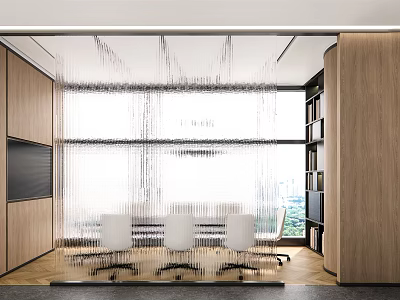 Modern Meeting Room Interior Design With Large Windows City View Linear Chandelier And White Chairs 3d model