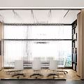 Modern Meeting Room Interior Design With Large Windows City View Linear Chandelier And White Chairs