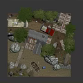 Cartoon Scene Featuring Wooden House Pine Trees Small Boat Rocks And Water Area
