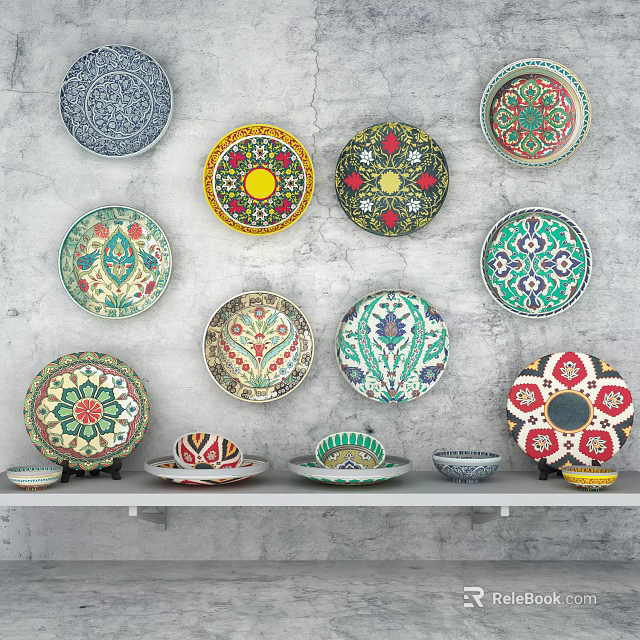 Colorful Decorative Plate Decoration With Various Patterns Hung On Wall And Displayed On Shelves 3d model 