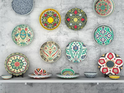 Colorful Decorative Plate Decoration With Various Patterns Hung On Wall And Displayed On Shelves 3d model