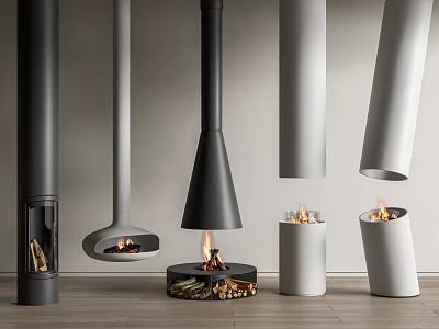 Modern Fireplace Various Designs with Black Gray White Metal Hanging Floor Standing and Burning Flames 3d model