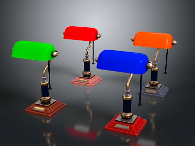 Vintage Style Table Lamps With Green Red Blue Orange Shades And Metal Bases 3d model