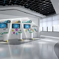 Modern Technology Exhibition Hall Featuring Blue Lighting Ceiling Central Display Column And Interactive Screens
