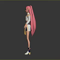 Woman With Pink Long Hair White Top Yellow Accents White Skirt And White Boots