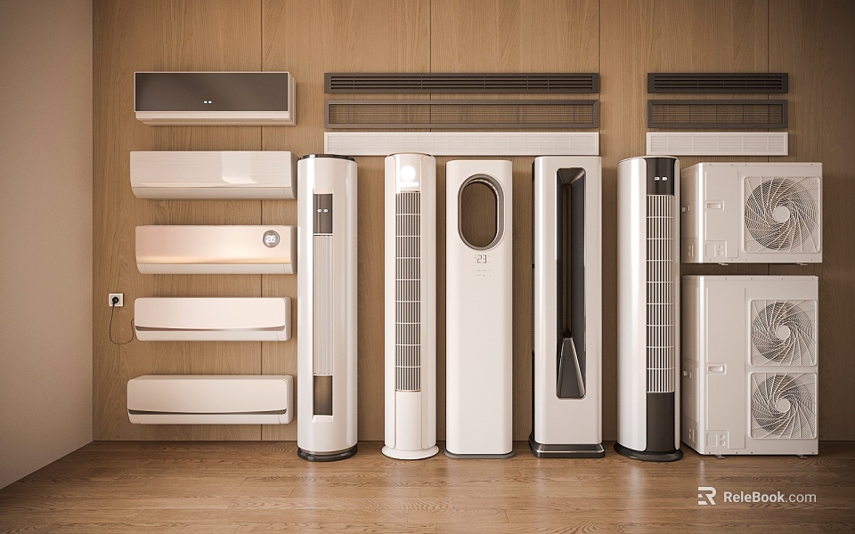 Various Types Of Air Conditioners And Fans Displayed On Wooden Wall With Modern Design 3d model 