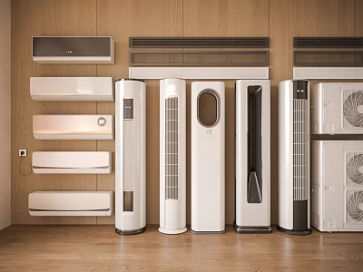 Various Types Of Air Conditioners And Fans Displayed On Wooden Wall With Modern Design 3d model