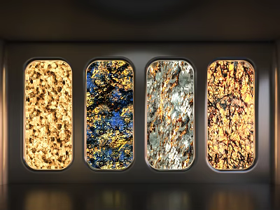 Background Wall Featuring Four Glass Windows with Gold Blue Silver Hues and Intricate Textures 3d model