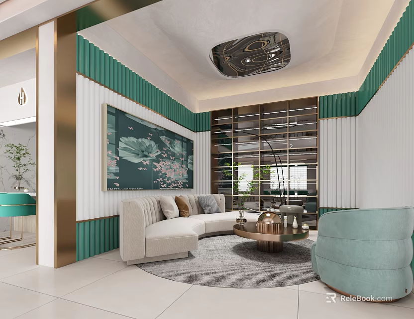 Elegant Beauty Hair Salon Interior With Green White Decor Gold Accents And Comfortable Seating 3d model 