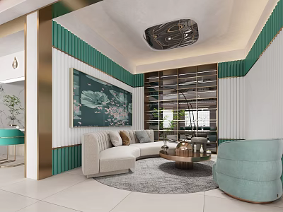 Elegant Beauty Hair Salon Interior With Green White Decor Gold Accents And Comfortable Seating 3d model