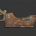 Ancient Bronze Shoe Shaped Vessel With Patina Handle Carved Design And Spout