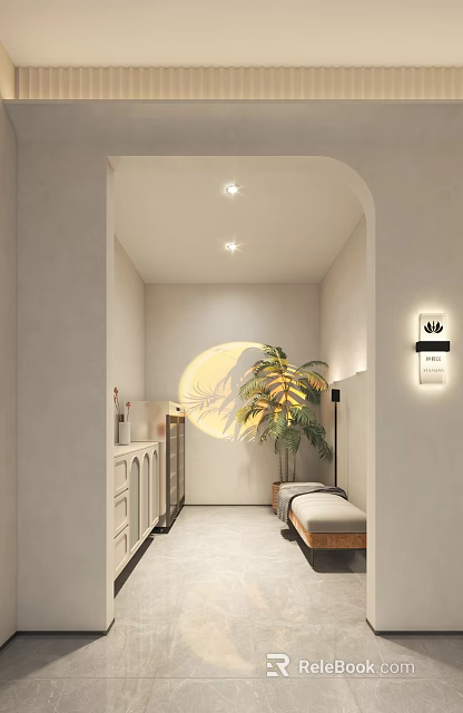 Modern Luxury Corridor Interior With Green Plant Round Decor Wall Lamp And Storage Cabinet 3d model 