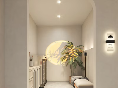 Modern Luxury Corridor Interior With Green Plant Round Decor Wall Lamp And Storage Cabinet 3d model