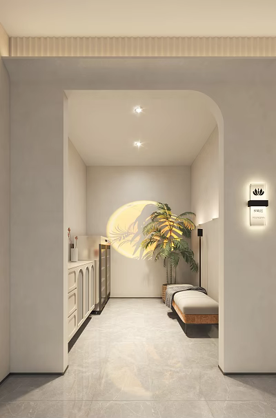 Modern Luxury Corridor Interior With Green Plant Round Decor Wall Lamp And Storage Cabinet 3d model