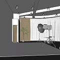 Modern Photography Studio Interior With Softbox Lights Tripod Green Plant And Curtains
