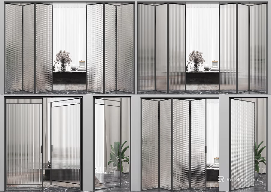 Modern Folding Doors Interior Design With Glass Panels And Metal Grid Frames 3d model 
