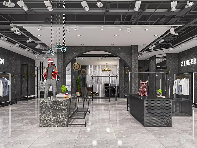 Modern Clothing Store With Black Walls Marble Counter Display Racks And Pendant Lights 3d model