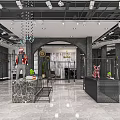 Modern Clothing Store With Black Walls Marble Counter Display Racks And Pendant Lights