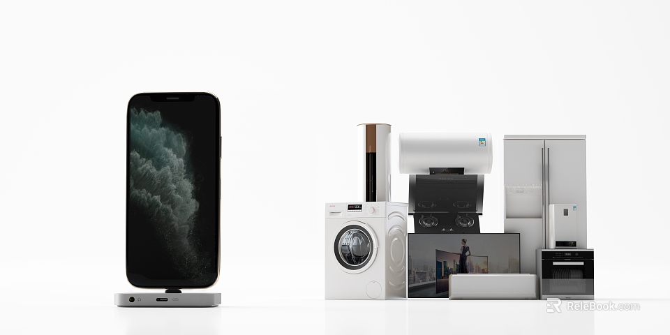 Modern Smartphone Display On Charging Dock With White Home Appliances And Digital Devices 3d model 