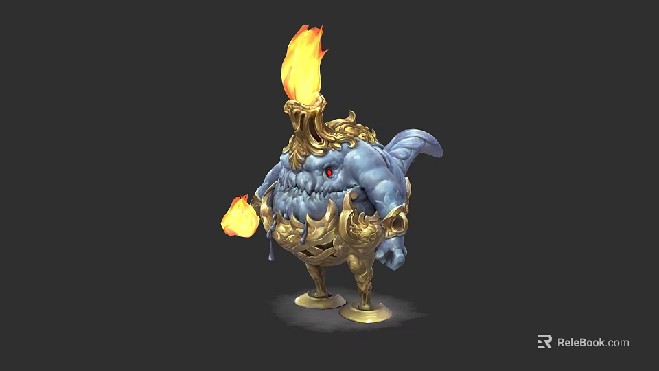 Blue Fiery Monster Character With Golden Ornaments And Lava Details In Game 3d model 