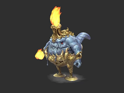 Blue Fiery Monster Character With Golden Ornaments And Lava Details In Game 3d model