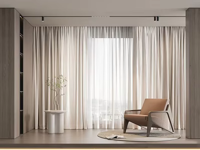 Light Beige Curtains by Floor to Ceiling Window with Brown Chair Small Table and Plant 3d model