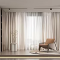 Light Beige Curtains by Floor to Ceiling Window with Brown Chair Small Table and Plant