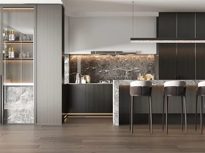 Modern Bar Counter Interior Design With Marble Countertop High Stools And Lighting 3d model