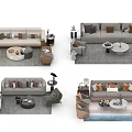 Elegant Modern Sofa Coffee Table Set With Armchair Side Table And Pillows 3d model