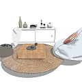 Cozy Bean Bag Chair Interior With Round Woven Rug Wooden Coffee Table And Decorative Vases