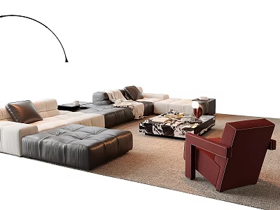 Modern Sofa and Coffee Table Set With Leather Seats Red Chair and Floor Lamp 3d model