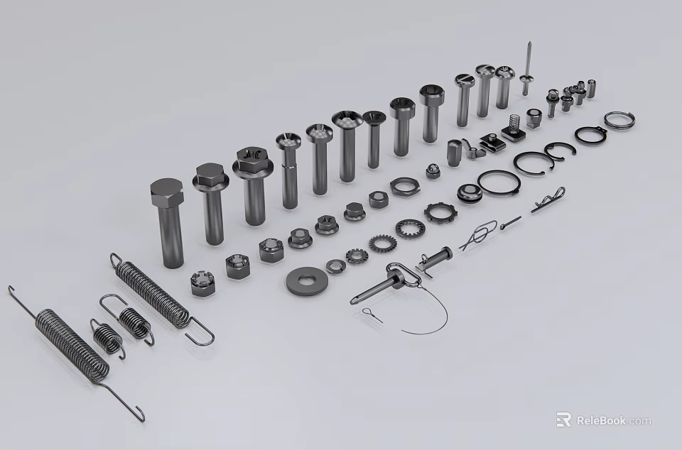 Assorted Hardware Tools Including Bolts Nuts Washers Springs And Hooks 3d model