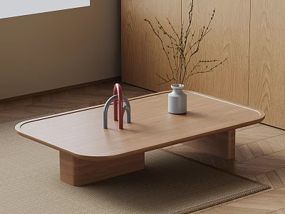 Modern Wooden Coffee Table with Rectangular Top White Vase Twigs and Colorful Geometric Decor 3d model