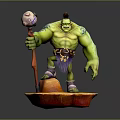 Muscular Green Man Holding Colorful Staff Standing On Orange Base With Purple Waistband