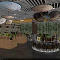 Chinese Specialty Store Interior Featuring Hanging Lanterns Wooden Shelves Green Plants And Round Counters