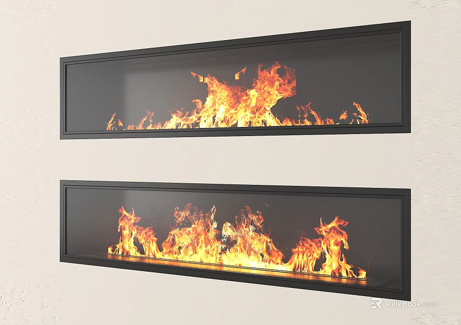 Modern Long Black Fireplaces With Bright Burning Flames On White Wall 3d model