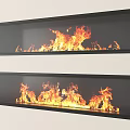 Modern Long Black Fireplaces With Bright Burning Flames On White Wall 3d model