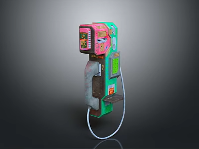 Vintage Telephone Booth Exterior With Pink Green Panels Screen And Cable 3d model
