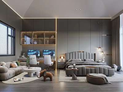 Modern Bedroom Interior With Upholstered Bed Cozy Sofa Area And Blind Windows 3d model
