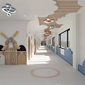 Kids Themed Corridor With Windmill Cloud Decor And Ceiling Lights 3d model