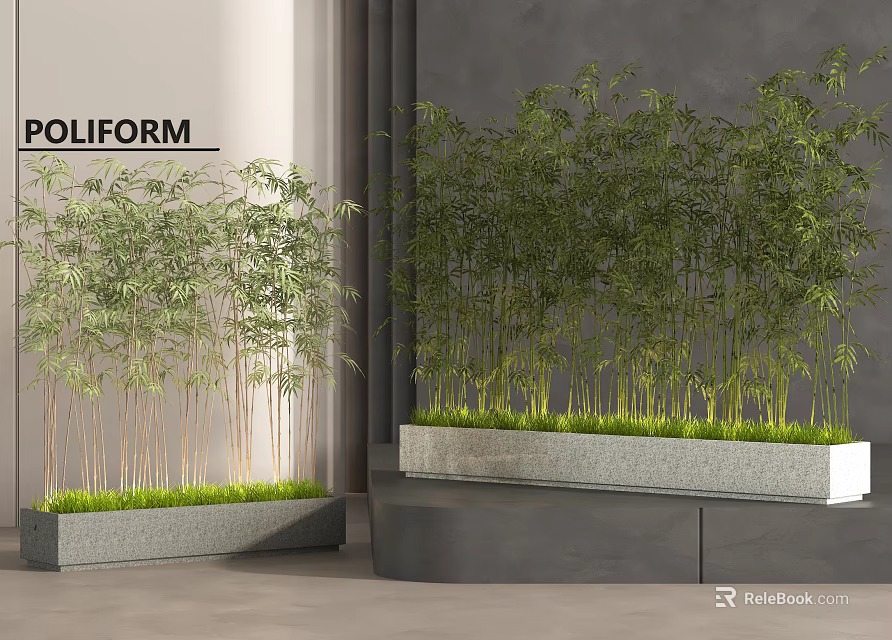 Bamboo Plants In Modern Indoor Space With Planters And Grass 3d model 