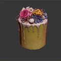 Yellow Cake With Dripping White Frosting Topped With Pink Roses Yellow And Blue Flowers