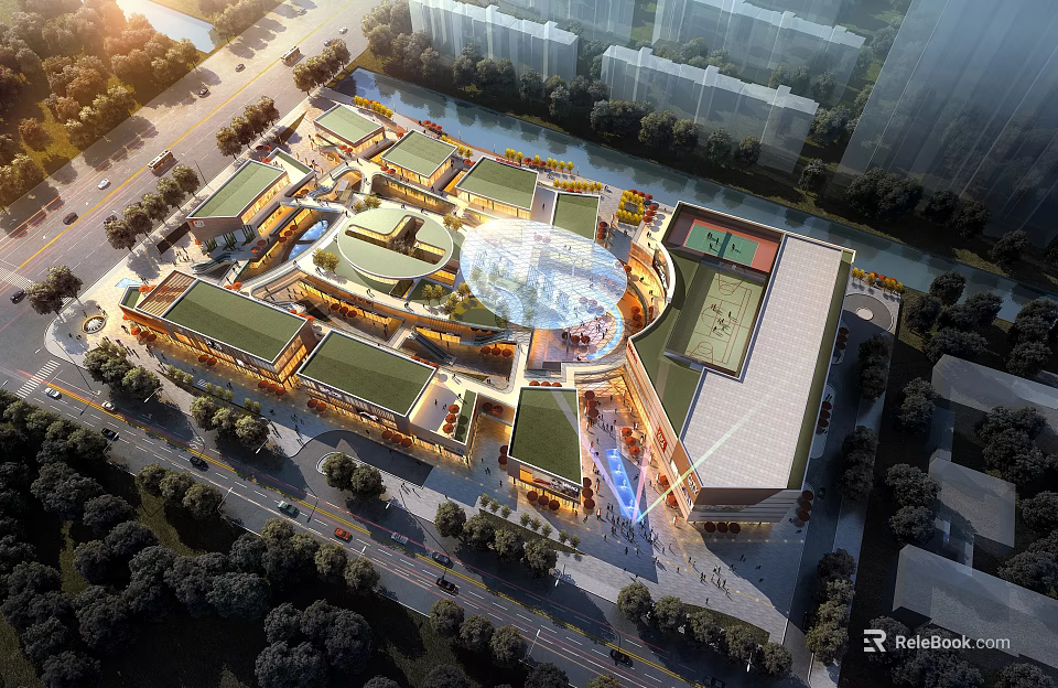 Aerial View Plan of Modern Comprehensive Development with Buildings River Green Spaces and Roads 3d model 