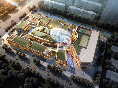 Aerial View Plan of Modern Comprehensive Development with Buildings River Green Spaces and Roads 3d model
