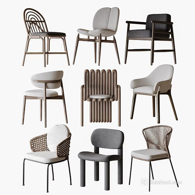 Modern Stylish Dining Chairs With Wooden Legs Rattan Backs And Upholstered Seats 3d model 