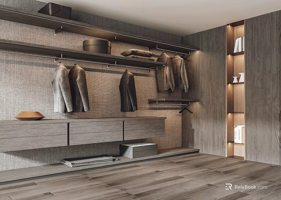 Stylish Modern Walk-in Closet Interior With Hanging Clothes Shelves And Wooden Cabinets 3d model 